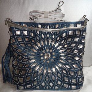 Dazzling Star Flower Shoulder Hobo Bag w/ Blue Denim Metallic Silver Rhinestones